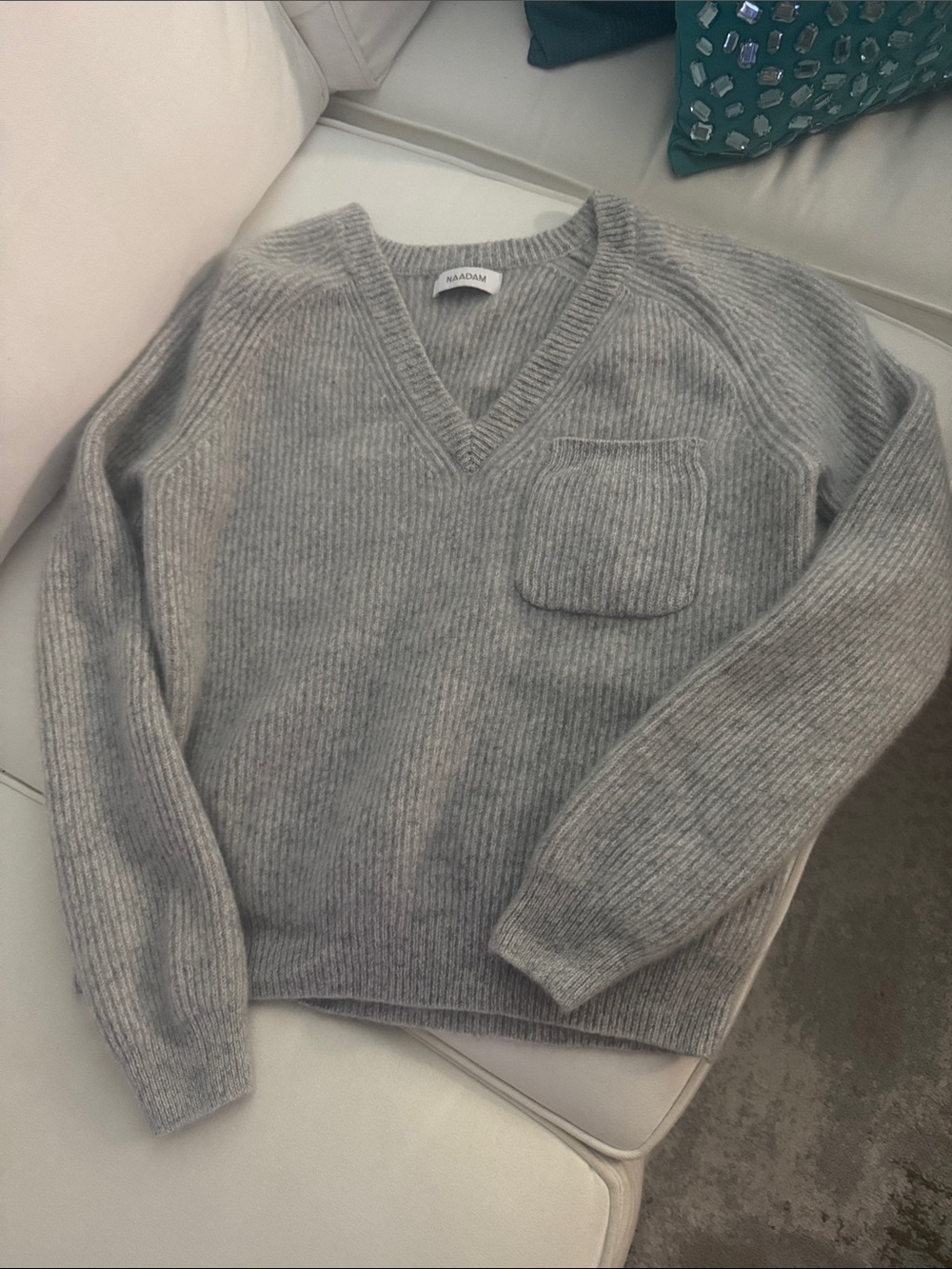 NAADAM Light Gray V-Neck Ribbed Wool Sweater with Chest Pocket